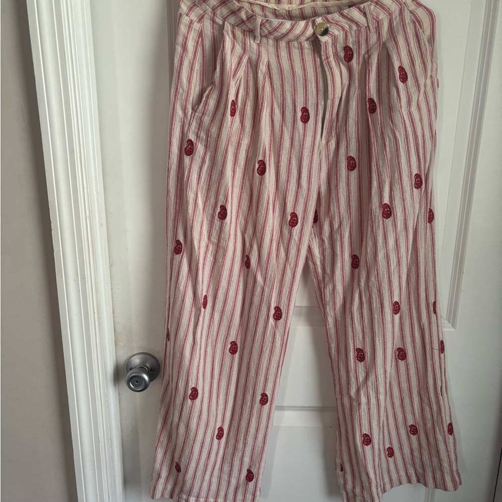Striped Pants with Red Floral Pattern